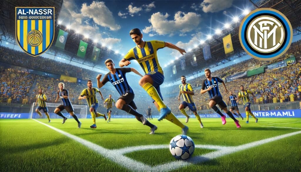 Al-Nassr and Inter Miami players in action on a soccer field.