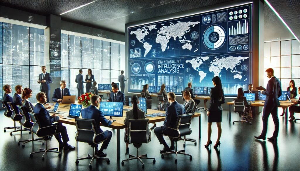A professional office setting featuring individuals collaborating on intelligence analysis. The backdrop includes maps, digital displays, and technology tools, symbolizing modern intelligence work. The mood reflects professionalism and teamwork
