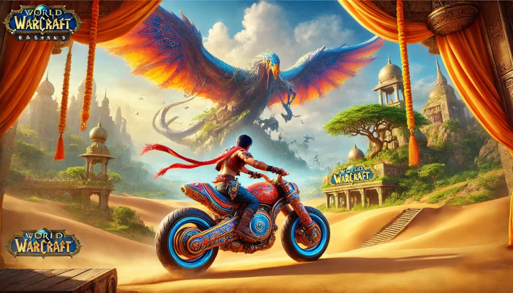 A player riding an Indian bike in WoW, with a 3D-styled environment and mystical landscapes blending fantasy with fun.
