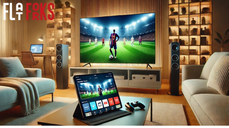 landscape-oriented image of a home entertainment setup, featuring a TV displaying a sports event and a movie selection on another device. Include soft lighting and a modern living room aesthetic.