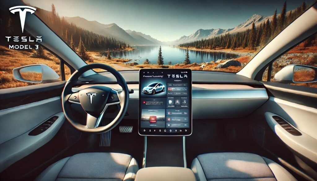 A Tesla Model 3 parked in a scenic location, with its screen displaying Tesla Premium Connectivity features, including navigation with satellite-view maps and streaming apps, in a bright, modern environment.